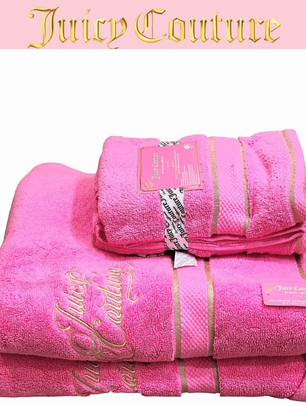 Juicy Couture Home Gold Embrodried Signature Logo Stripes Bath & Hand Towel Set